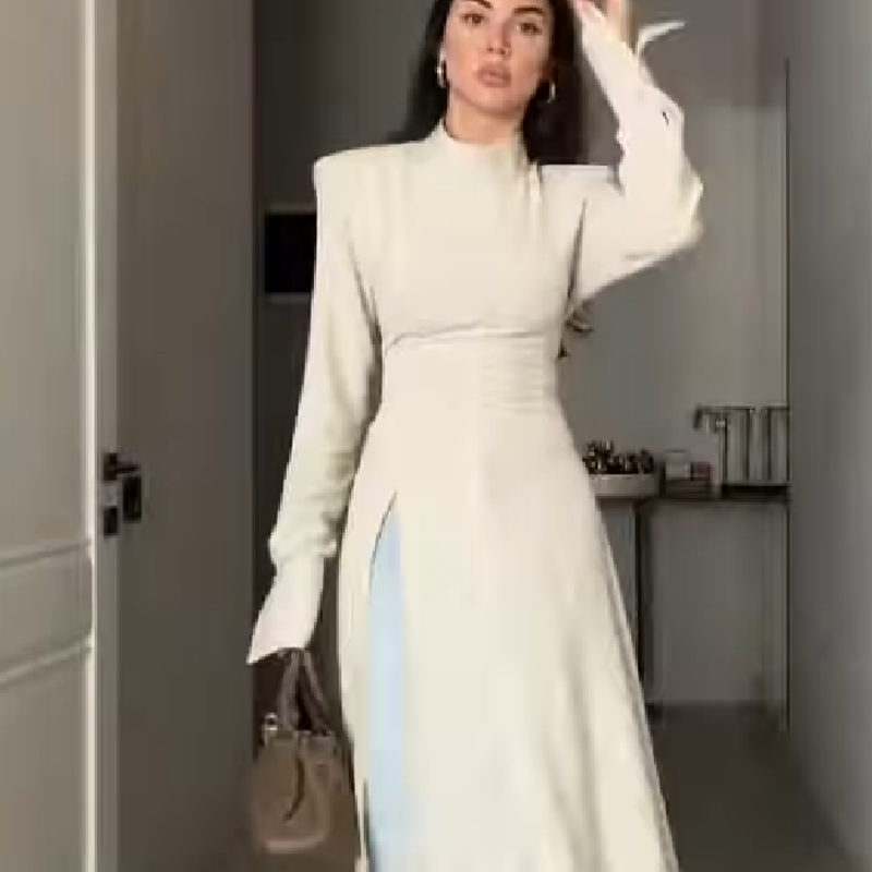 Women'S Elegant Formal Wear - فستان نسائي أنيق طويل الأكمام بياقة